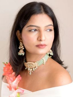 I Jewels - Gold-Plated Polka Kundan Studded And Green Pearl Beaded Jewellery Set