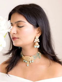 I Jewels - Gold-Plated Polka Kundan Studded And Turquoise Pearl Beaded Jewellery Set