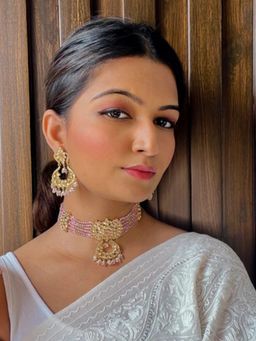 I Jewels - Gold-Plated Polka Kundan Studded And Pink Pearl Beaded Jewellery Set