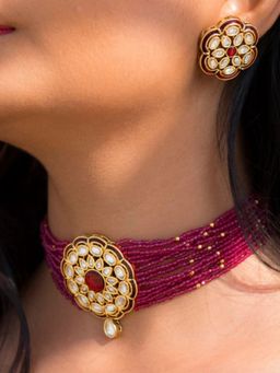 I Jewels - Gold-Plated Polka Kundan Studded And Maroon Pearl Beaded Jewellery Set