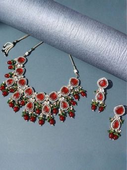 I Jewels - Red And White Gold And Silver Plated Stone Studded Jewellery Set
