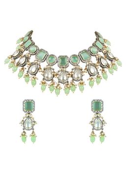 I Jewels - Gold-Plated Green-Coloured Polka Kundan Studded Beaded Jewellery Set