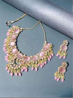 I Jewels - Gold-Plated Pink Polka Kundan Studded Beaded Jewellery Set