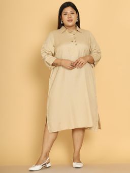 theRebelinme - Women Plus Size Beige Linen Solid Midi Dress