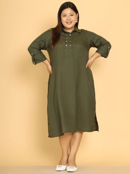 theRebelinme - Women Plus Size Olive Linen Solid Midi Dress