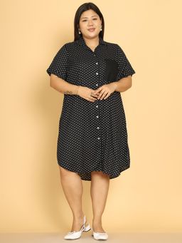 theRebelinme - Women Plus Size Black Viscose Rayon Polka Dots Midi Dress