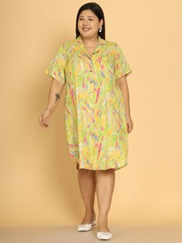 theRebelinme - Women Plus Size Yellow Viscose Rayon Abstract Midi Dress