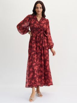 Femmella - Women Maroon Chiffon Floral Maxi Dress