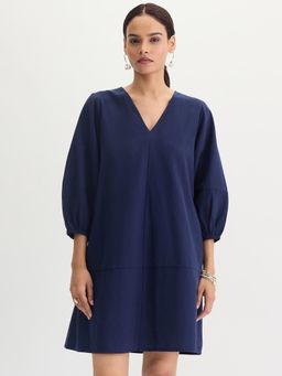 Femmella - Women Navy Blue Linen Blend Solid Mini Dress