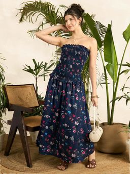 Uptownie - Women Navy Blue Crepe Floral Maxi Dress