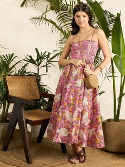 Uptownie - Women Pink Cotton Floral Midi Dress
