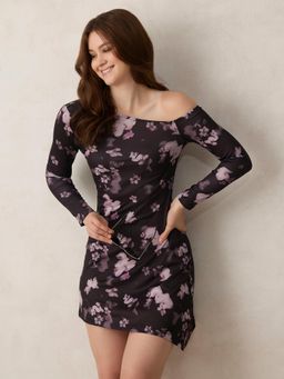 Outzidr - Women Black Cotton Blend Floral Mini Dress