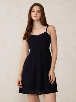 Outzidr - Women Black Viscose Blend Embroidered Mini Dress