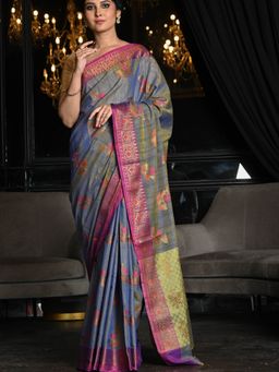 Beatitude - Blue Shade Pure Desi Tussar Banarasi Handwoven Saree with Unstitched Blouse