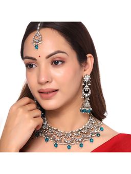 Yellow Chimes - Gold-Plated Green and White Beaded Mirror Work Jewellery Set With Maangtikka