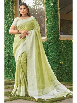 Sangam Prints - Light Green Linen Woven Zari Work Traditional Tassel Saree with Unstitched Blouse