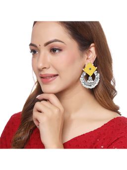 Yellow Chimes - Silver Oxidised Pearl beaded Fabric circular drop earrings