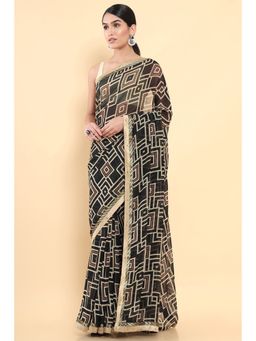 Soch - Women Black Georgette Printed Saree with Unstitched Blouse