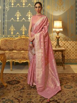 Akhilam - Womens Silk Blend Pink Woven Handloom Saree with Unstitched Blouse