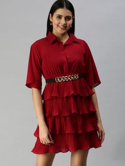 SHOWOFF - Women Solid Maroon Fit and Flare Dress