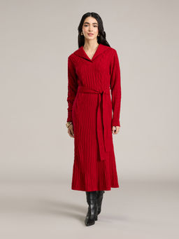 RSVP by Nykaa Fashion - Red Collared Full Sleeves Cable Knit Midi Dress With Belt