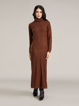 RSVP by Nykaa Fashion - Brown High Neck Cable Knit Midi Dress