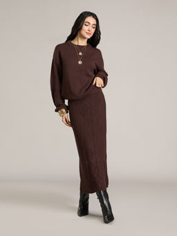 RSVP by Nykaa Fashion - Brown Round Neck Drop Shoulder Sweater and High Waisted Skirt Co Ord