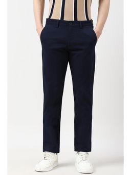 Peter England - Men Navy Solid Slim Fit Casual Trousers