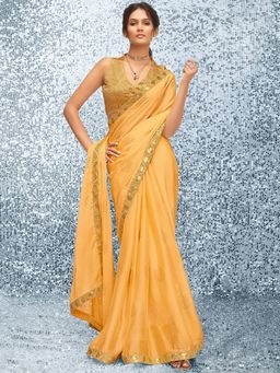 Akhilam - Womens Satin Orange Embellished Designer Saree with Unstitched Blouse