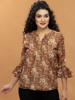 Attic Salt - Brown Printed Front Pleated Top