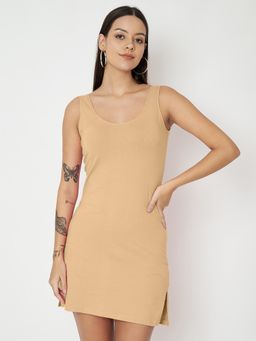 BRINNS - Beige Cotton Round Neck Longline Side Slits Slip Top