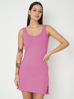 BRINNS - Purple Cotton Round Neck Longline Side Slits Slip Top