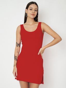 BRINNS - Maroon Cotton Round Neck Longline Side Slits Slip Top