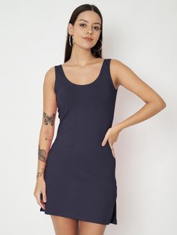 BRINNS - Navy Blue Cotton Round Neck Longline Side Slits Slip Top