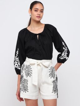 Cover Story - Embroidered Black Gathered Top