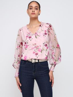 Cover Story - Pink Floral Print Georgette Top