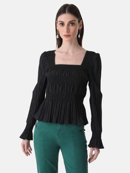 Kazo - Black Pleated Top with Smocking