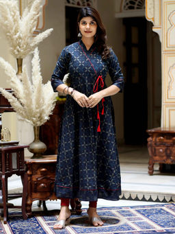 Doriyaan - Womens Blue Abstract Printed Angrakha Kurta