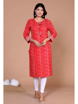 Doriyaan - Womens Festive Wear Red Bandhani Printed Straight Kurta