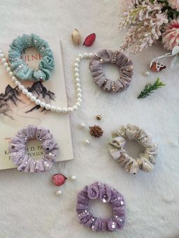 Label Kanupriya - Off White, Lilac, Mint Green, Champagne, Pink Shimmer 5 Scrunchies Combo