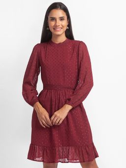 Globus - Maroon Self Design Belted Dress
