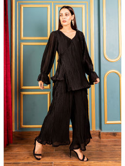 Empress Pitara - Black Pleated Top And Pant (Set of 2)