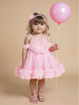 Lagorii - Girls Pink Ruffled Floral Embellished Dress