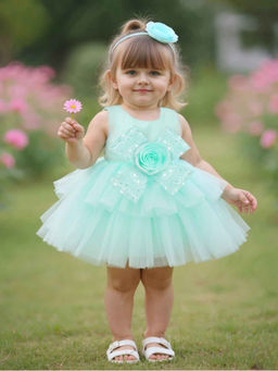 Lagorii - Girls Green Floral Embellished Sequins Layered Party Wear Dress