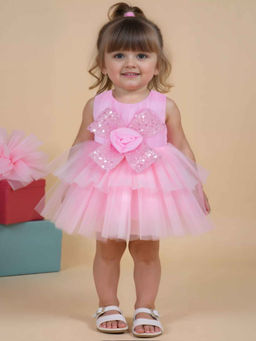Lagorii - Girls Pink Floral Embellished Sequins Layered Party Wear Dress