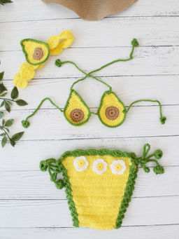 Woonie - Yellow & Green Crochet Avacado Top with Bloomer & Headband