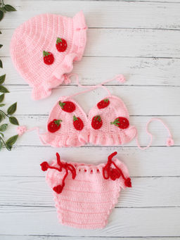 Woonie - Pink & Red Crochet Mini Strawberries Top with Bloomer & Cap