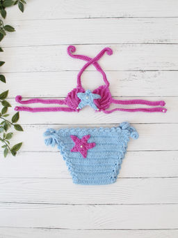 Woonie - Blue & Purple Crochet Water Shell Star Queen Top with Bloomer