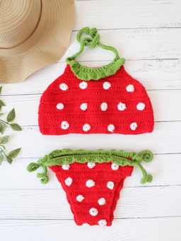 Woonie - Red & Green Crochet Tiny Strawberry Top with Bloomer