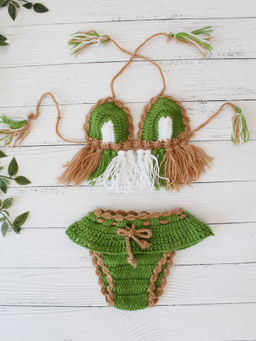 Woonie - Green & Brown Crochet Jungle Queen Top with Bloomer